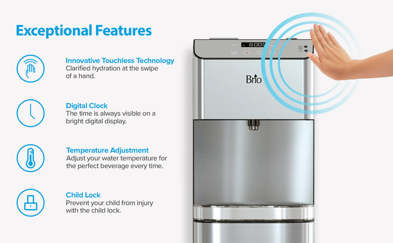 A hand activates a Brio water dispenser using touchless technology. Feature icons and text highlight its touchless tech, digital clock, temperature adjustment, and child lock on the left side of the image.
